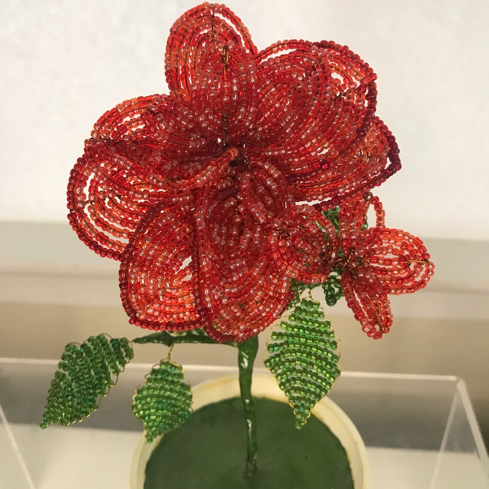 Antique French Beaded Red Rose and Leaves In a Planter
